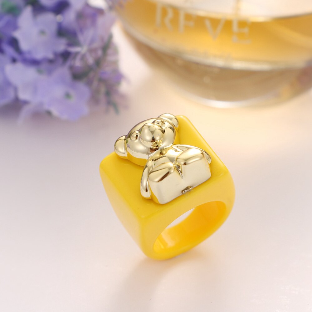 KISS WIFE Golden Heart Bears Beads Colorful Resin Acrylic Rings For Women Girls Friends Couple Rings 2021 Trend Fashion Jewelry