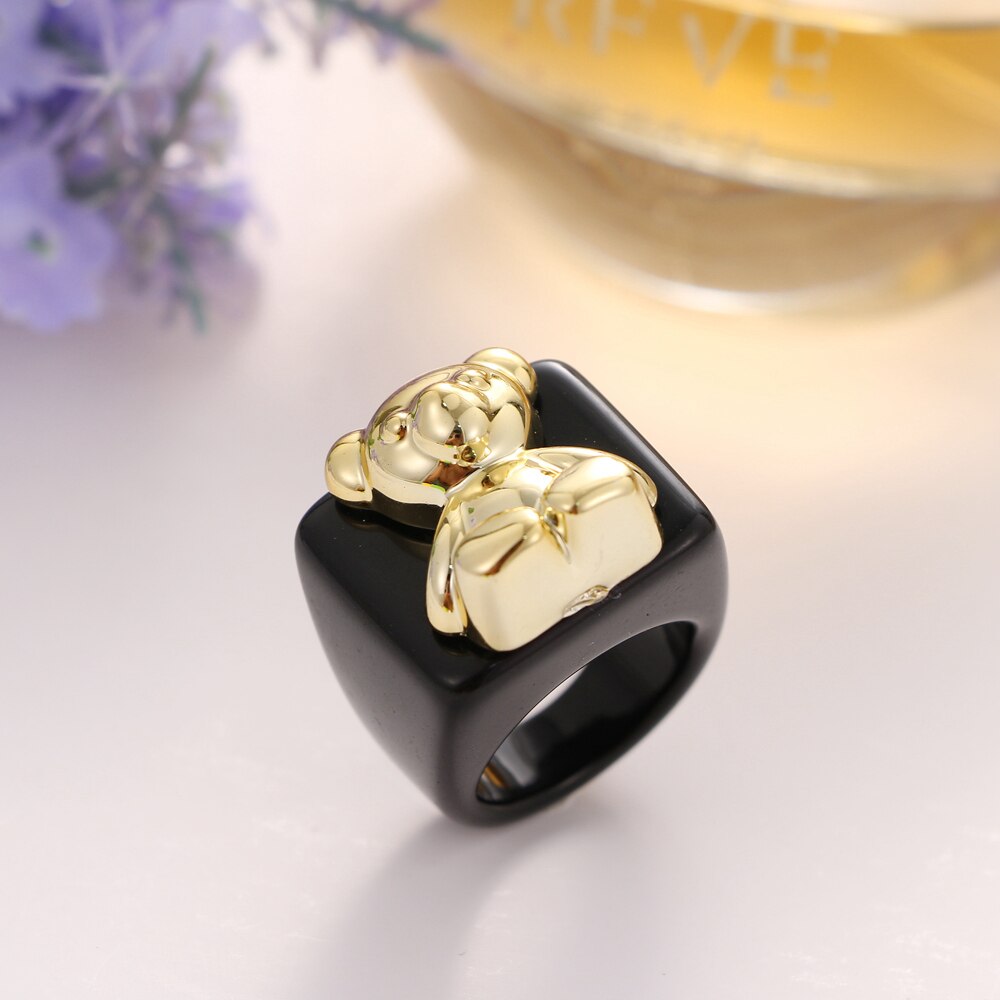 KISS WIFE Golden Heart Bears Beads Colorful Resin Acrylic Rings For Women Girls Friends Couple Rings 2021 Trend Fashion Jewelry