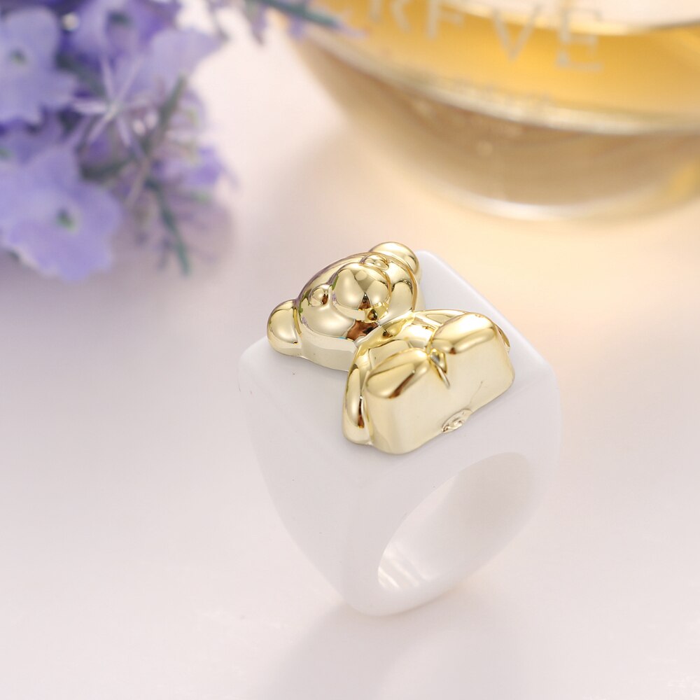 KISS WIFE Golden Heart Bears Beads Colorful Resin Acrylic Rings For Women Girls Friends Couple Rings 2021 Trend Fashion Jewelry