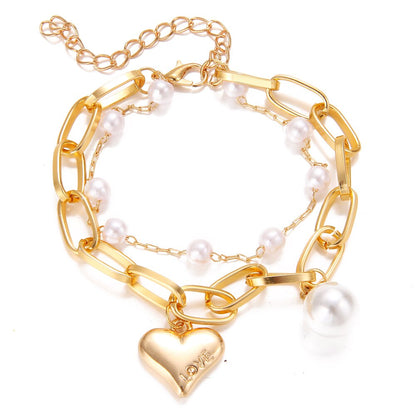 KISS WIFE Simplicity Vintage Pearl Alloy Chain Golden Bracelets For Women Pendant Bracelets On Hand Bangle Fashion Jewelry 2021