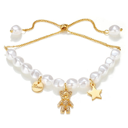 KISS WIFE Simplicity Vintage Pearl Alloy Chain Golden Bracelets For Women Pendant Bracelets On Hand Bangle Fashion Jewelry 2021