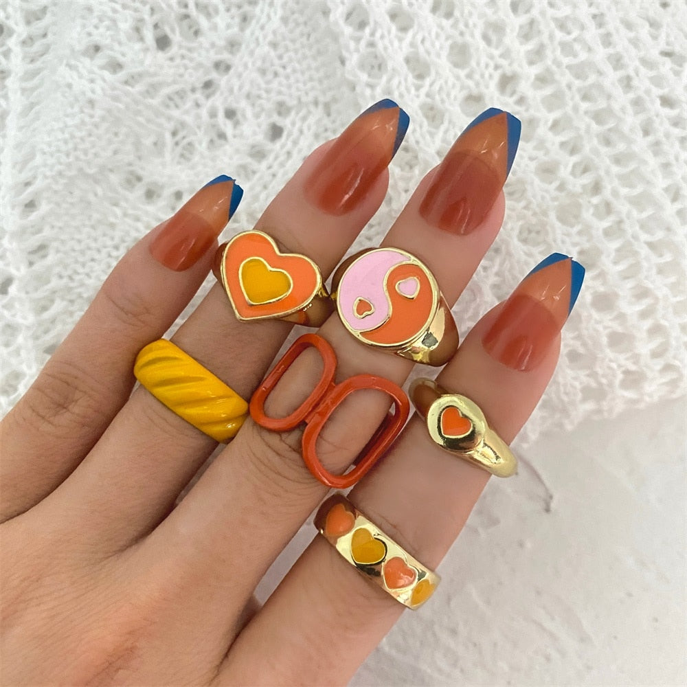 KISSWIFE 5Pcs Punk Pink Metal Rings Set For Women Girls Love Heart Smiley Rings 2021 Trend Fashion Wholesale Jewelry Gifts