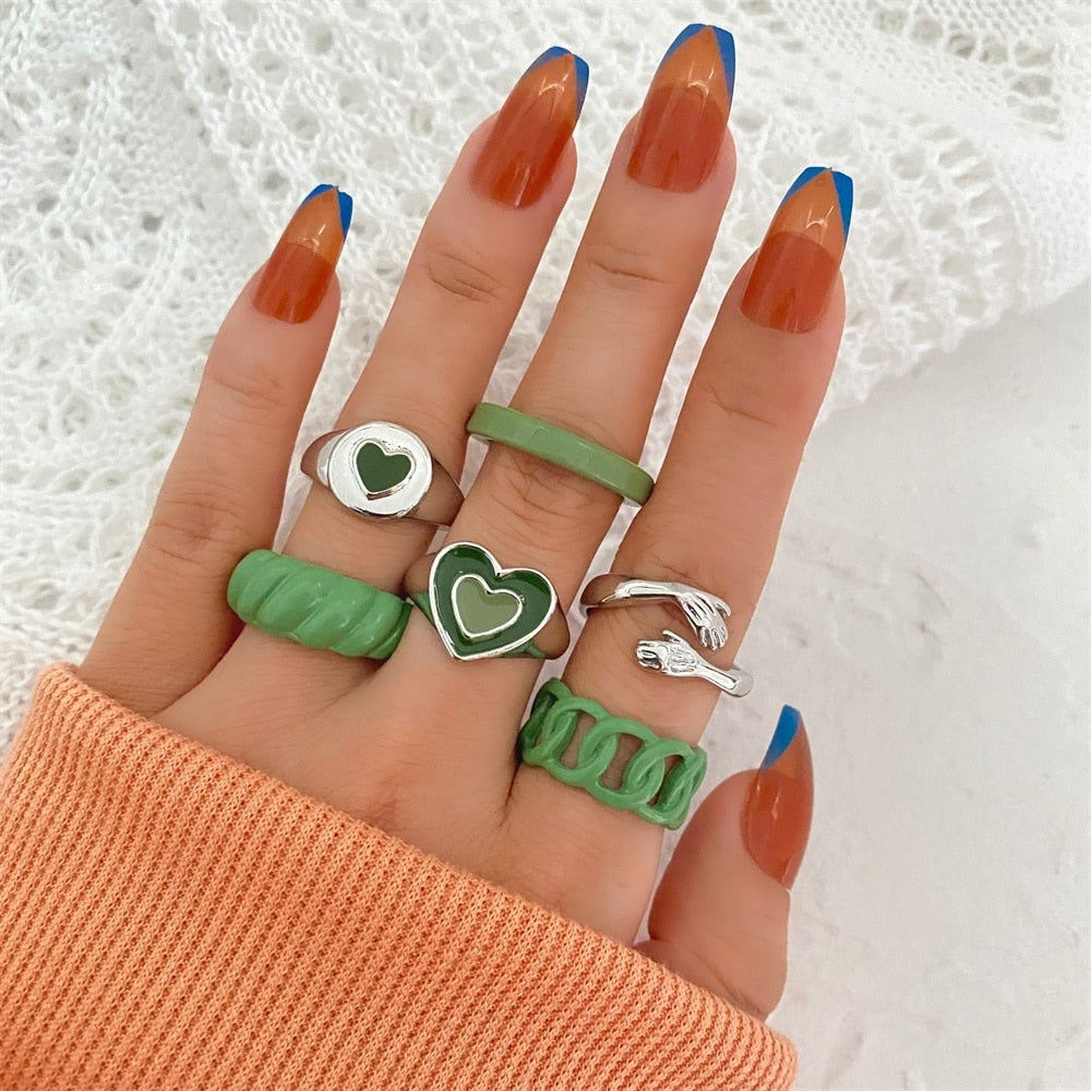 KISSWIFE 5Pcs Punk Pink Metal Rings Set For Women Girls Love Heart Smiley Rings 2021 Trend Fashion Wholesale Jewelry Gifts