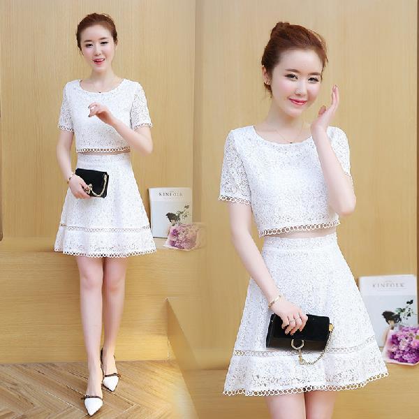 2021 spring and summer fashion new ladies fake two-piece Korean lace short-sleeved round neck casual jacket crochet hollow skirt