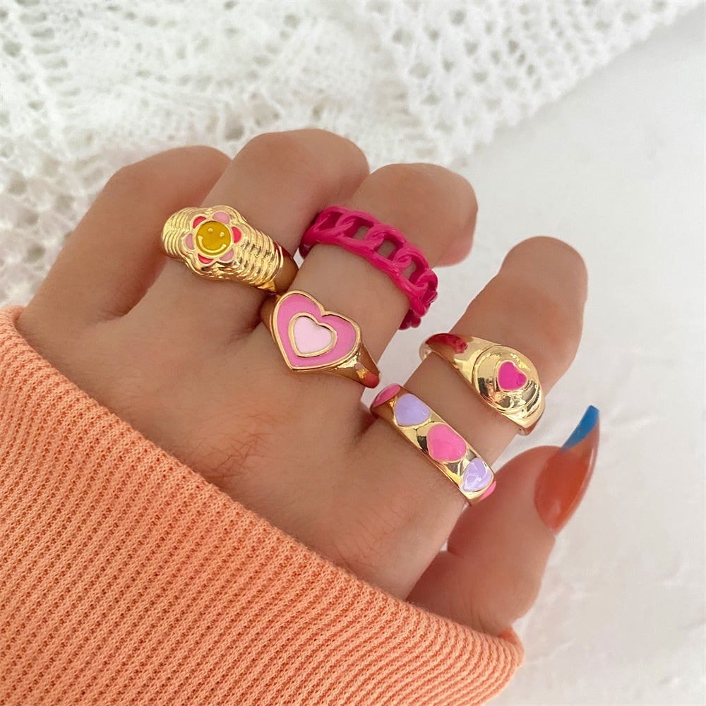 KISSWIFE 5Pcs Punk Pink Metal Rings Set For Women Girls Love Heart Smiley Rings 2021 Trend Fashion Wholesale Jewelry Gifts