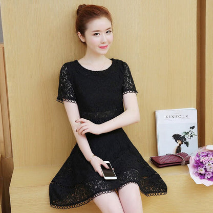 2021 spring and summer fashion new ladies fake two-piece Korean lace short-sleeved round neck casual jacket crochet hollow skirt