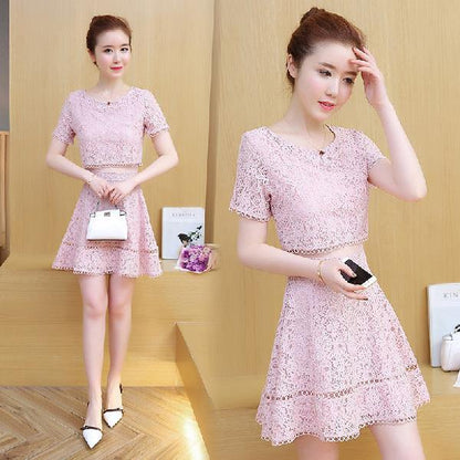 2021 spring and summer fashion new ladies fake two-piece Korean lace short-sleeved round neck casual jacket crochet hollow skirt