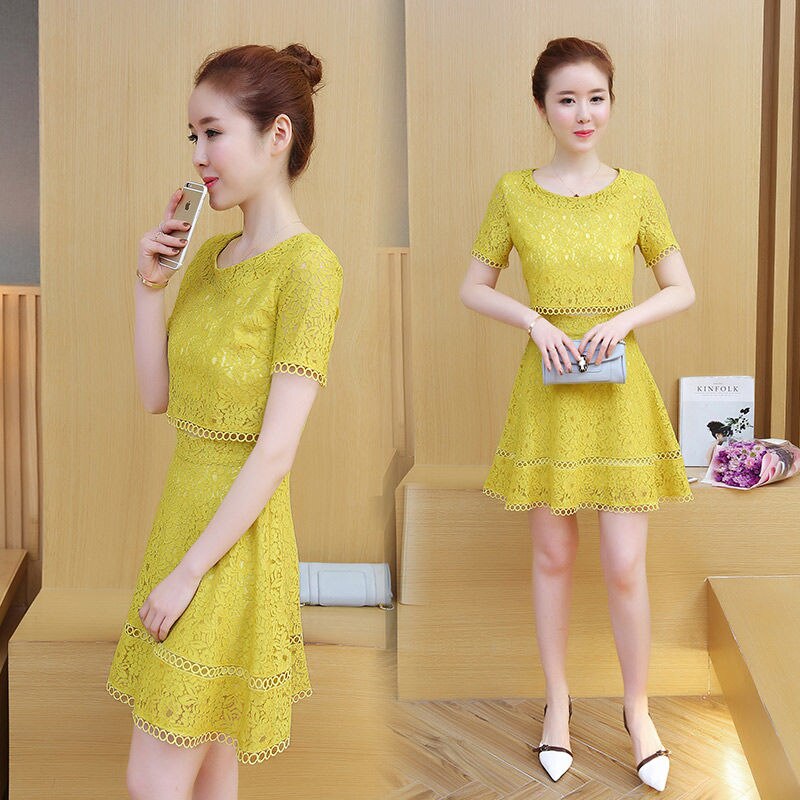 2021 spring and summer fashion new ladies fake two-piece Korean lace short-sleeved round neck casual jacket crochet hollow skirt