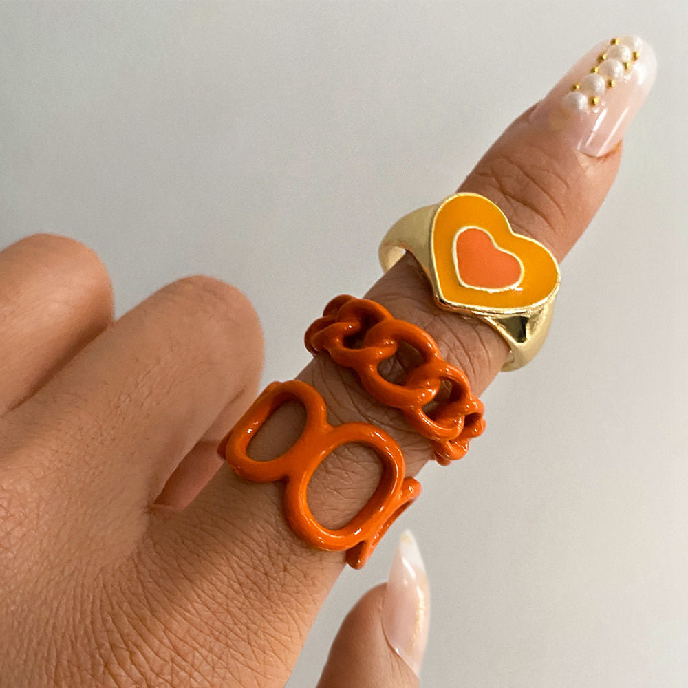 KISS WIFE Vintage Golden Heart Smile Rings Set for Women Ins Style Colorful Love Rings Cute Finger Rings for Girls Jewelry Gifts
