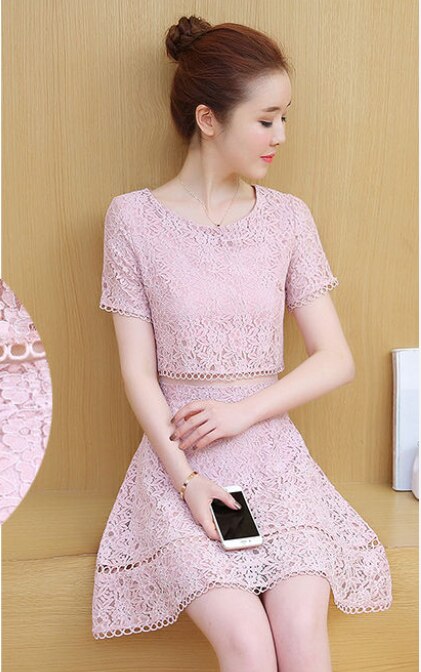 2021 spring and summer fashion new ladies fake two-piece Korean lace short-sleeved round neck casual jacket crochet hollow skirt