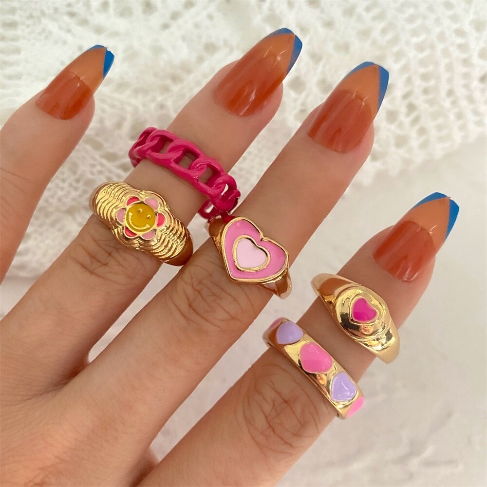 KISSWIFE 5Pcs Punk Pink Metal Rings Set For Women Girls Love Heart Smiley Rings 2021 Trend Fashion Wholesale Jewelry Gifts