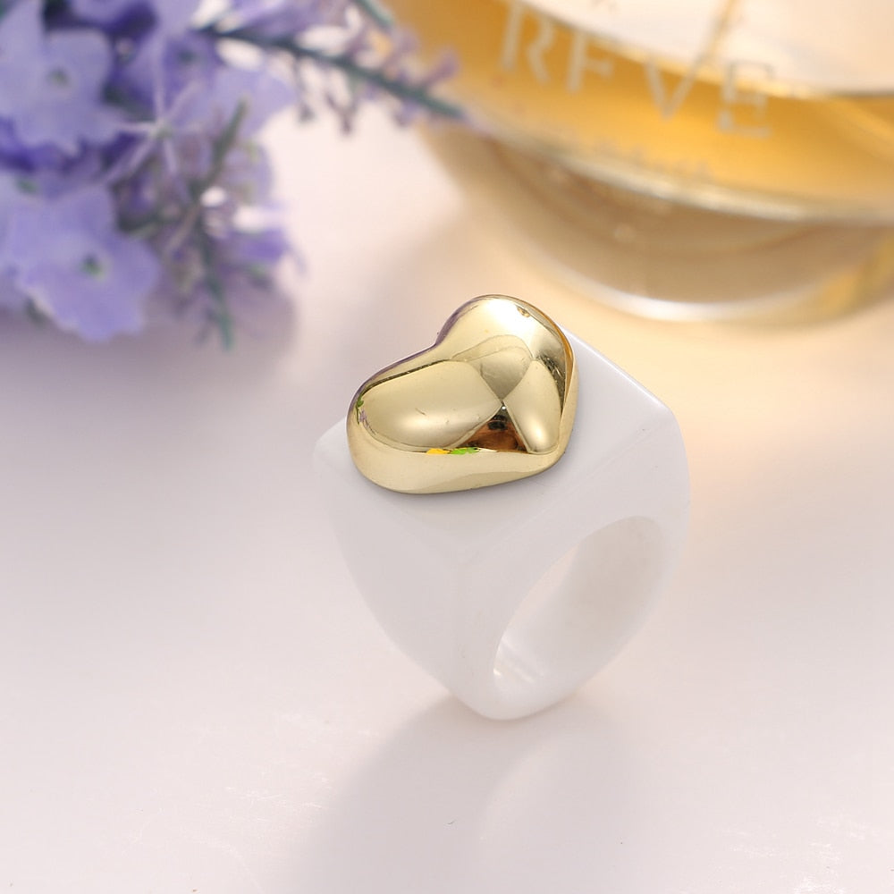 KISS WIFE Golden Heart Bears Beads Colorful Resin Acrylic Rings For Women Girls Friends Couple Rings 2021 Trend Fashion Jewelry