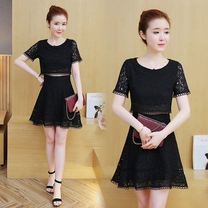 2021 spring and summer fashion new ladies fake two-piece Korean lace short-sleeved round neck casual jacket crochet hollow skirt