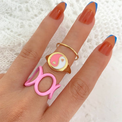 KISSWIFE 5Pcs Punk Pink Metal Rings Set For Women Girls Love Heart Smiley Rings 2021 Trend Fashion Wholesale Jewelry Gifts