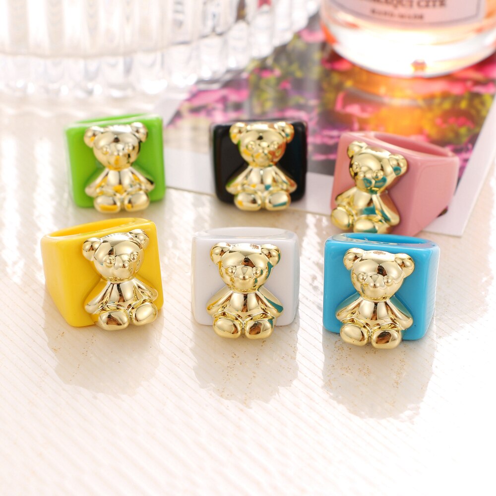 KISS WIFE Golden Heart Bears Beads Colorful Resin Acrylic Rings For Women Girls Friends Couple Rings 2021 Trend Fashion Jewelry