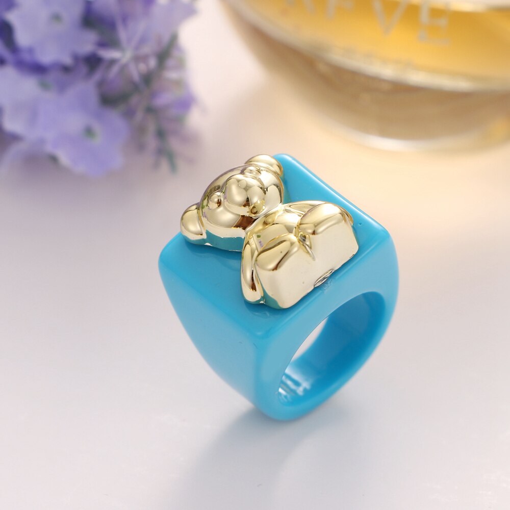 KISS WIFE Golden Heart Bears Beads Colorful Resin Acrylic Rings For Women Girls Friends Couple Rings 2021 Trend Fashion Jewelry