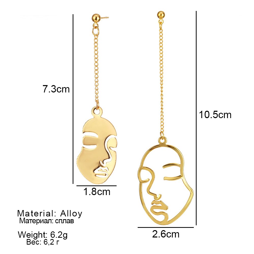 New Gold Color Face Earrings KISS WIFE Abstract Art Drop Earrings For Women Girls Statament Tassel Earrings Exquisite Gift