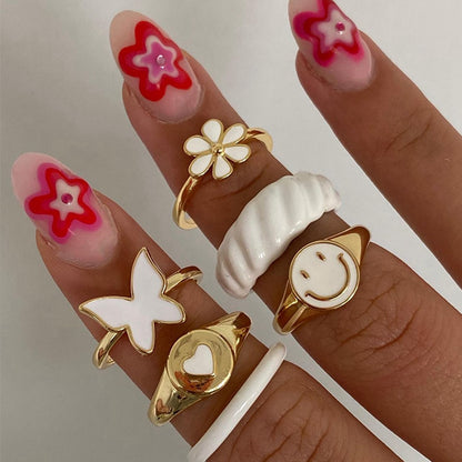 KISSWIFE 5Pcs Punk Pink Metal Rings Set For Women Girls Love Heart Smiley Rings 2021 Trend Fashion Wholesale Jewelry Gifts