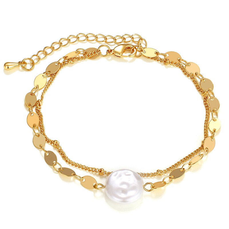 KISS WIFE Simplicity Vintage Pearl Alloy Chain Golden Bracelets For Women Pendant Bracelets On Hand Bangle Fashion Jewelry 2021