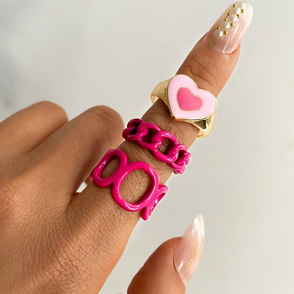 KISS WIFE Vintage Golden Heart Smile Rings Set for Women Ins Style Colorful Love Rings Cute Finger Rings for Girls Jewelry Gifts