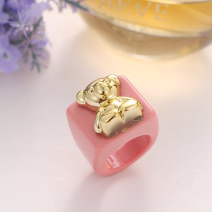 KISS WIFE Golden Heart Bears Beads Colorful Resin Acrylic Rings For Women Girls Friends Couple Rings 2021 Trend Fashion Jewelry