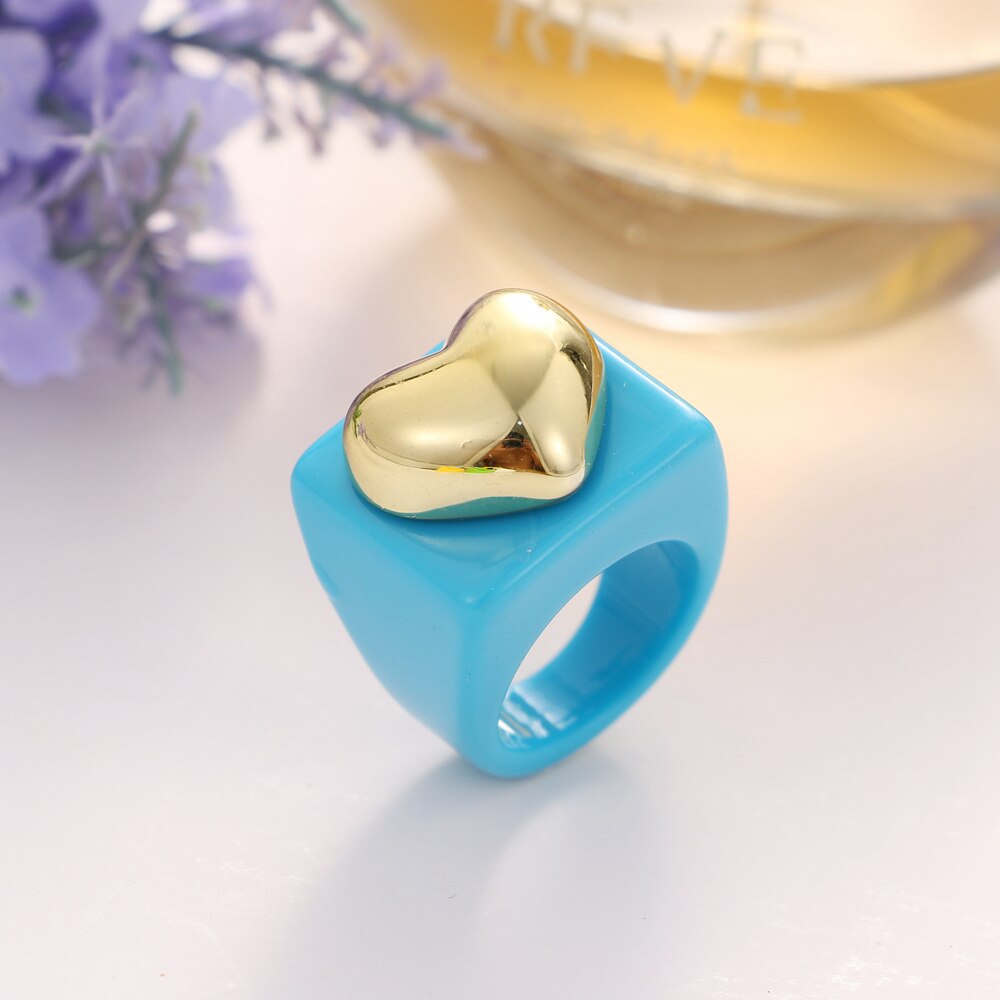 KISS WIFE Golden Heart Bears Beads Colorful Resin Acrylic Rings For Women Girls Friends Couple Rings 2021 Trend Fashion Jewelry