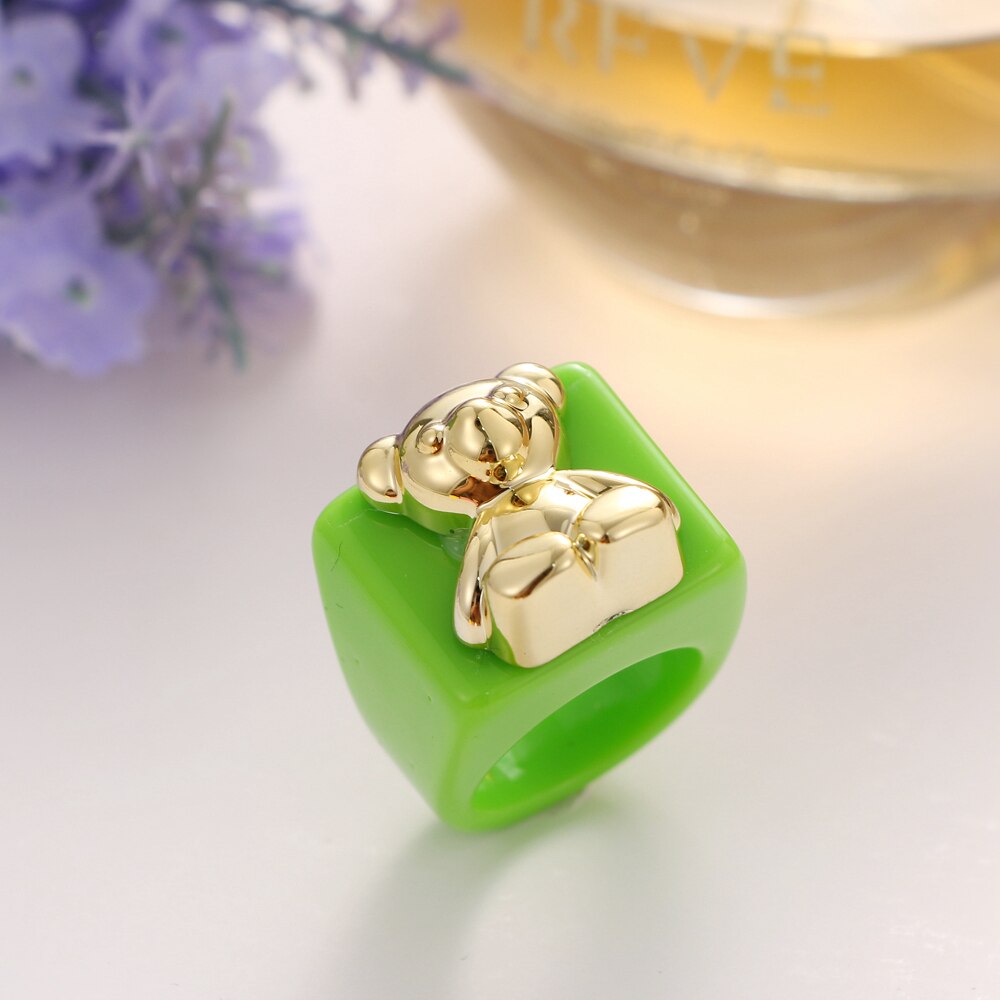 KISS WIFE Golden Heart Bears Beads Colorful Resin Acrylic Rings For Women Girls Friends Couple Rings 2021 Trend Fashion Jewelry