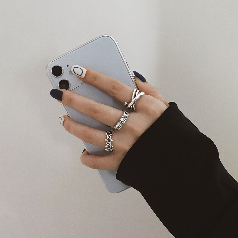 EN Fashion Heart Rings Set Love Chain Kpop Punk Rings for Couples Lovers Men Women Girls Party Gift for Girlfriend Wedding Rings