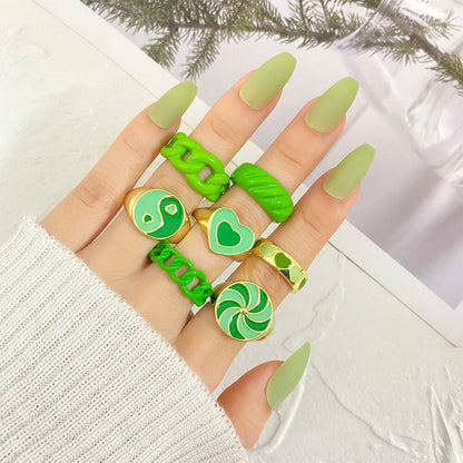 KISSWIFE Vintage Green Heart Rings Set For Women Girls Metal Dripping Oil INS Style Finger Ring Love Crystal Rings Charm Jewelry