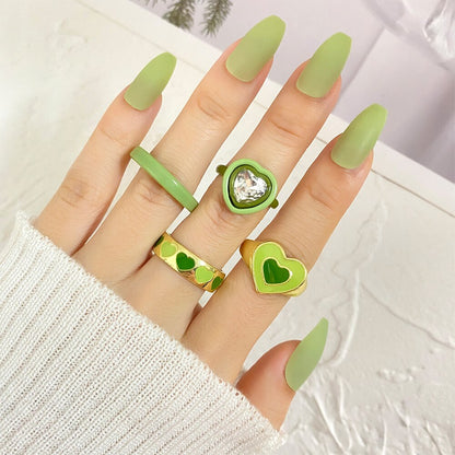 KISSWIFE Vintage Green Heart Rings Set For Women Girls Metal Dripping Oil INS Style Finger Ring Love Crystal Rings Charm Jewelry