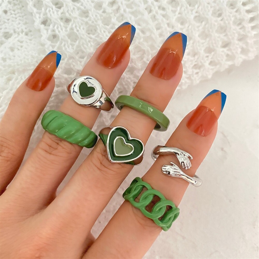 KISSWIFE Vintage Green Heart Rings Set For Women Girls Metal Dripping Oil INS Style Finger Ring Love Crystal Rings Charm Jewelry