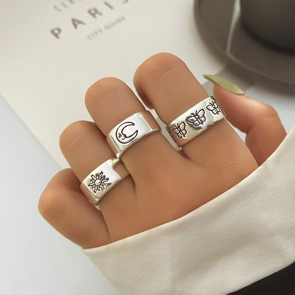 EN Fashion Heart Rings Set Love Chain Kpop Punk Rings for Couples Lovers Men Women Girls Party Gift for Girlfriend Wedding Rings