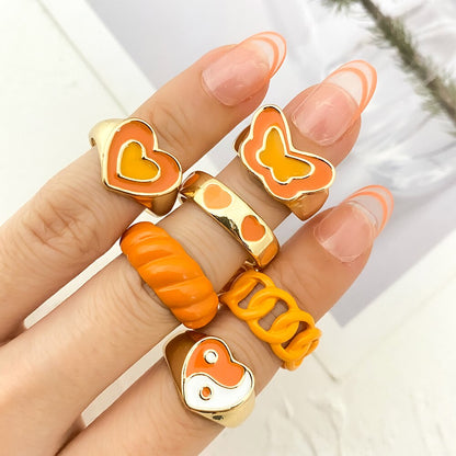 KISSWIFE Vintage Green Heart Rings Set For Women Girls Metal Dripping Oil INS Style Finger Ring Love Crystal Rings Charm Jewelry