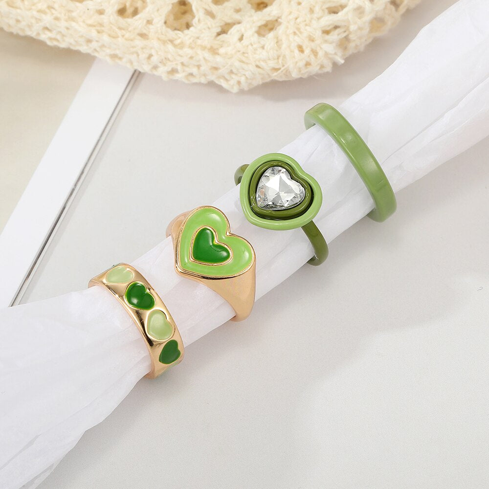 KISSWIFE Vintage Green Heart Rings Set For Women Girls Metal Dripping Oil INS Style Finger Ring Love Crystal Rings Charm Jewelry