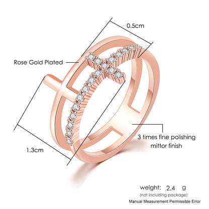 Double Cross Delicate Chic Rings Silver Rose Gold Mirco Zircon Fashionable All Size Finger Ring Trendy Couple Dating Jewelry