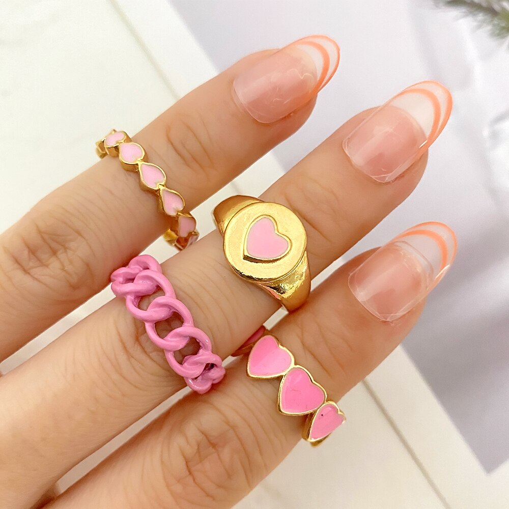 KISSWIFE Vintage Green Heart Rings Set For Women Girls Metal Dripping Oil INS Style Finger Ring Love Crystal Rings Charm Jewelry