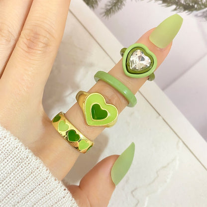 KISSWIFE Vintage Green Heart Rings Set For Women Girls Metal Dripping Oil INS Style Finger Ring Love Crystal Rings Charm Jewelry