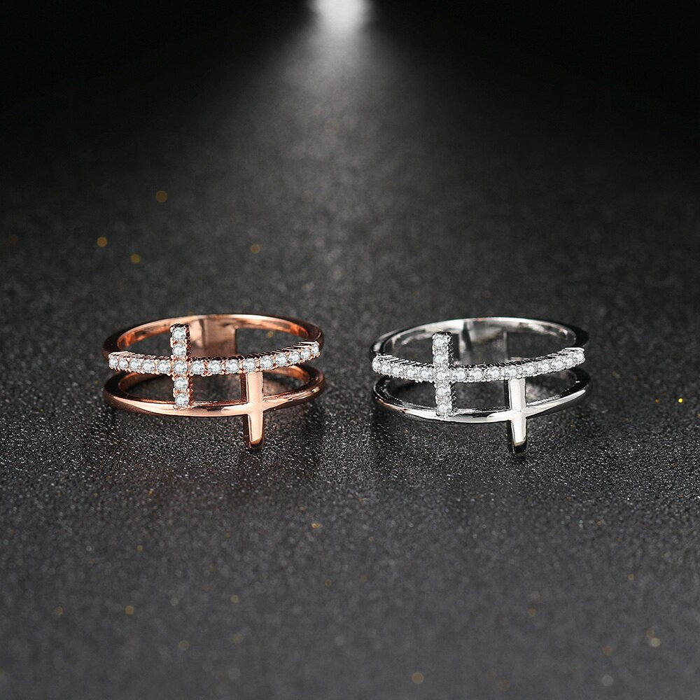 Double Cross Delicate Chic Rings Silver Rose Gold Mirco Zircon Fashionable All Size Finger Ring Trendy Couple Dating Jewelry