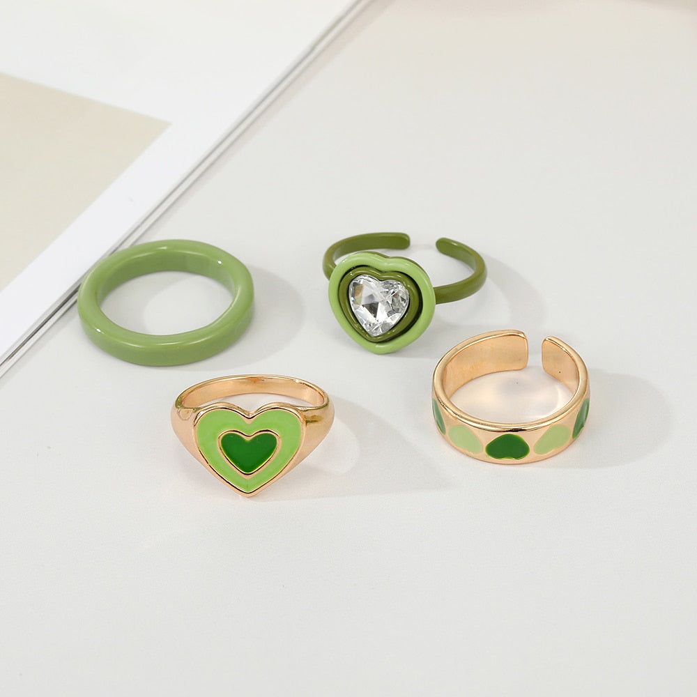 KISSWIFE Vintage Green Heart Rings Set For Women Girls Metal Dripping Oil INS Style Finger Ring Love Crystal Rings Charm Jewelry