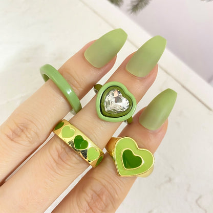 KISSWIFE Vintage Green Heart Rings Set For Women Girls Metal Dripping Oil INS Style Finger Ring Love Crystal Rings Charm Jewelry