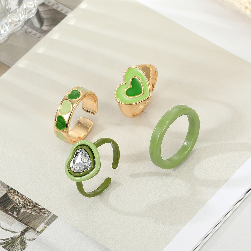 KISSWIFE Vintage Green Heart Rings Set For Women Girls Metal Dripping Oil INS Style Finger Ring Love Crystal Rings Charm Jewelry