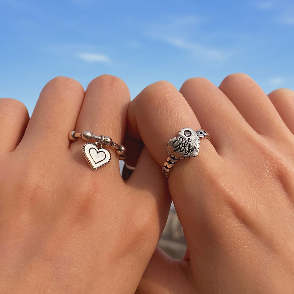 EN Fashion Heart Rings Set Love Chain Kpop Punk Rings for Couples Lovers Men Women Girls Party Gift for Girlfriend Wedding Rings